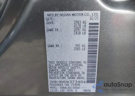 2025 Nissan Altima Sv Fwd from USA, damaged, VIN 1N4BL4DV0SN373404